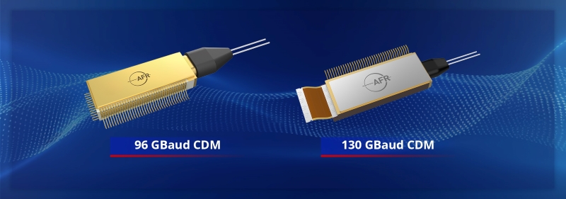 AFR 96 Gbaud and 130 Gbaud TFLN coherent driver modulators (CDMs) with compact packaging and optical/electrical interfaces.