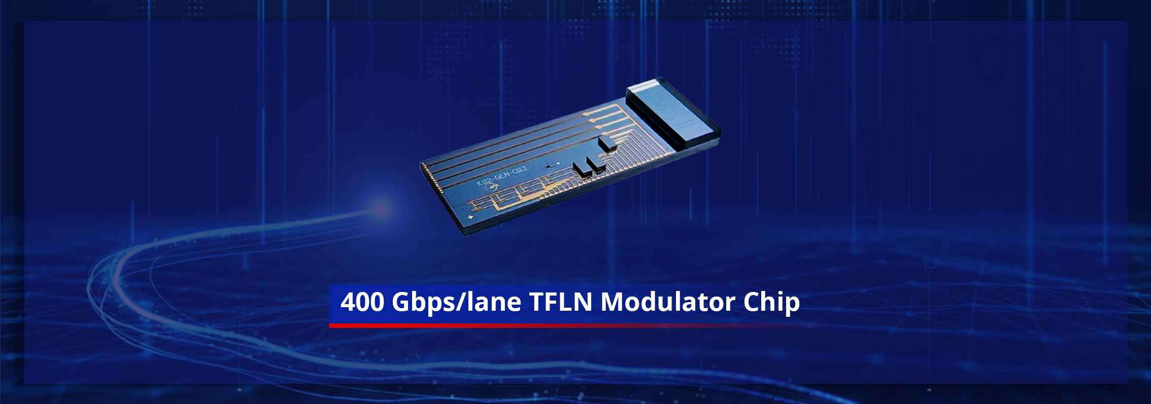 Illustration of a 400 Gbps/lane TFLN modulator chip designed for high-speed PAM-4 transmission